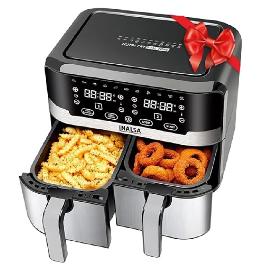 INALSA Air Fryer Nutri Fry Dual Zone-2100 W 10L with Sync Basket & Finish Features 11 Versatile Programs Touch Control & Digital Display Variable Temperature Control